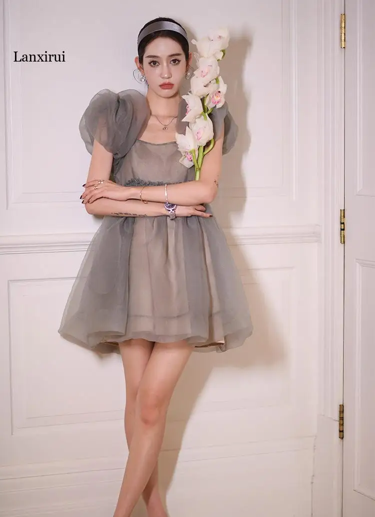 

Summer Dress Women's New French Fashion High Waist Slimming Mesh Puff Sleeve Short Dress Sweet Elegance Feminine Dress