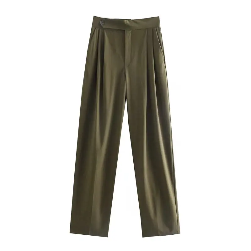 

2021 Za Women Khaki High Wait Pants Autumn Loose Pleat Vintage Trousers Feminino High Street Buttoned Trousers Casual Pants