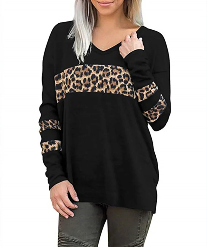 

Women Long Sleeve T Shirt V-neck Tops Tee Autumn Loose Tee Shirts Female Fashion Top Lady Streetwear Leopard Patchwork Top