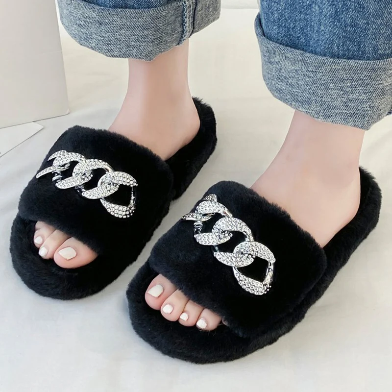 

Home Plush Slippers Women's Open-toe One-word Plush Slippers Beautiful Mental Decoration Flip-flops for Girls fashion 2021