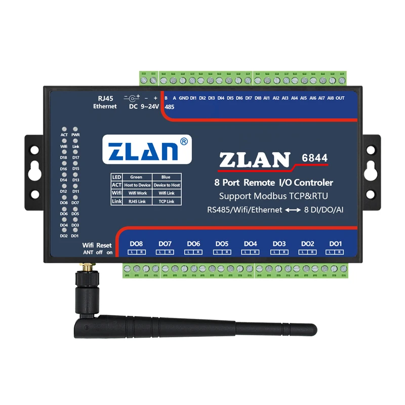 ZLAN6844 RS485 Wifi Ethernet RJ45 8 канальный DI AI DO Modbus I/O Модуль RTU сборщик данных пульт