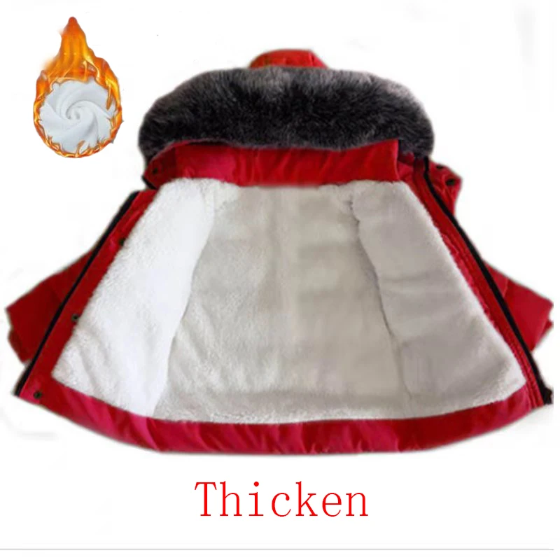 Red Thick Пуховики для мальчиков; Детское пальто с мехом; зимняя одежда для маленьких девочек; плотные пальто с капюшоном; детские парки; зимний комбинезон для девочек; детская одежда - Цвет: Red Thick