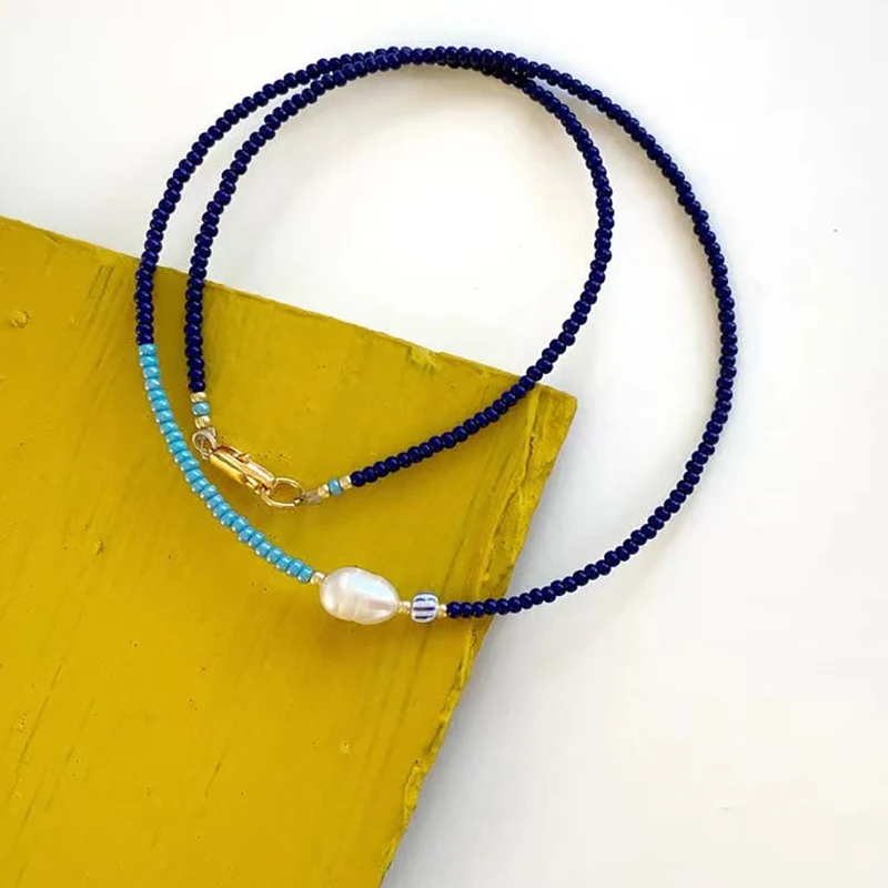 

Hand-Made Natural Pearl Mix And Match Blue Beaded Short Necklace Ladies Elegant Temperament Accessories Fashion Jewelry New 2021