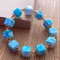 natural blue larimar cube beads bracelet women men 1010mm stretch bracelet water pattern larimar jewelry aaaaaa