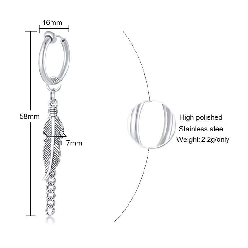 

Vnox 1 Piece Stylish Feather Style Long Dangle Earrings for Men Anti Allergy Stainless Steel Gifts for Him Punk Jewelry
