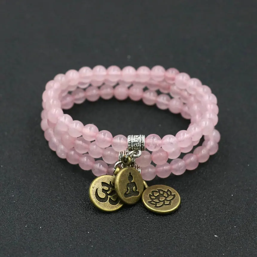 Женский браслет из натурального розового камня женский с имитацией лотоса чакры