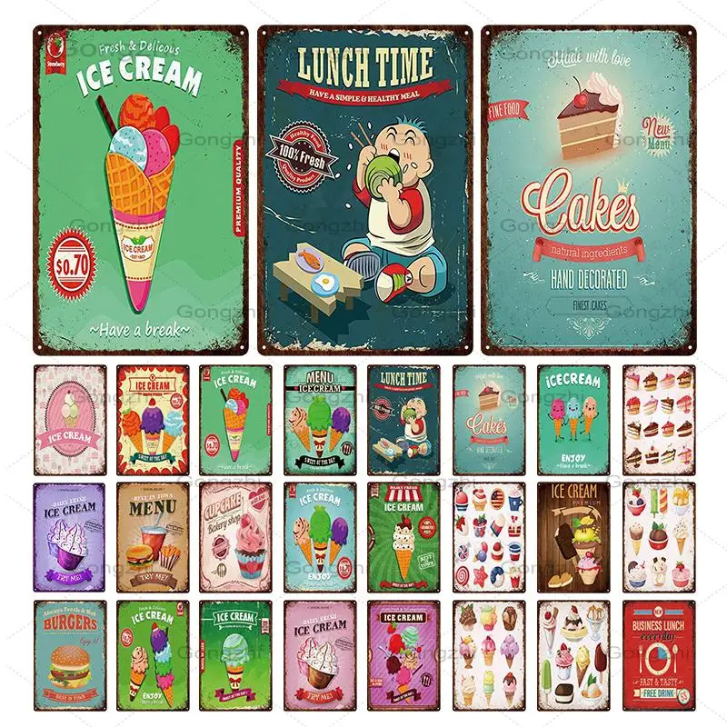 

Ice Cream Metal Poster Plaque Cake Metal Vintage Tin Sign Bakery Kitchen Decorative Painting Wall Art Decor Tin Plate 20x30cm