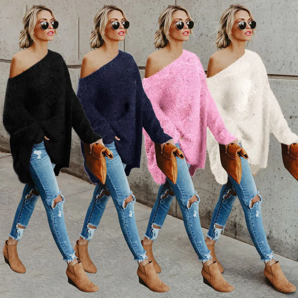 Women Long Sleeve Sexy Off Shoulder Sweater Faux Fur Blouse Top Sweaters 2019 Winter Tops Knitted C3098 | Женская одежда
