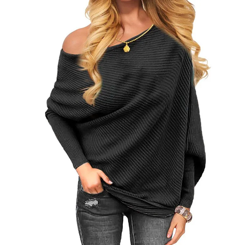 

2021 Women's Spring New Off Shoulder Bat Sleeve Sweater Top Pullover Long Sleeve Plus Size S-XXXL