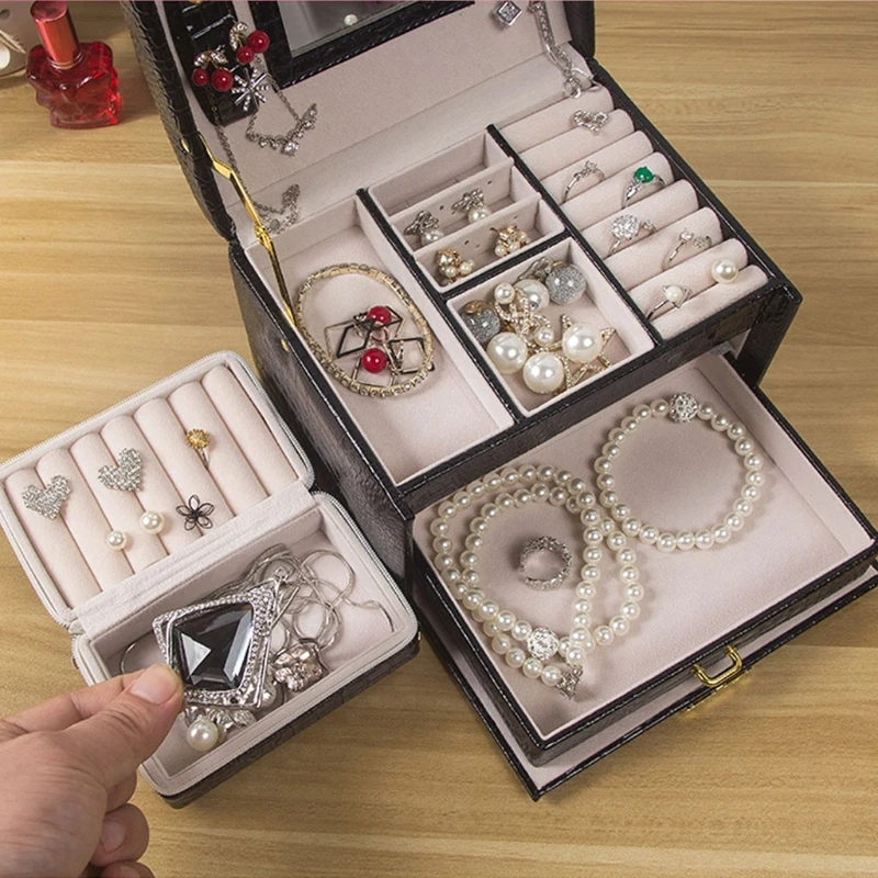 

Lockable Jewelry Box Necklace Ring Storage Organizer Leather Large Jewel Case