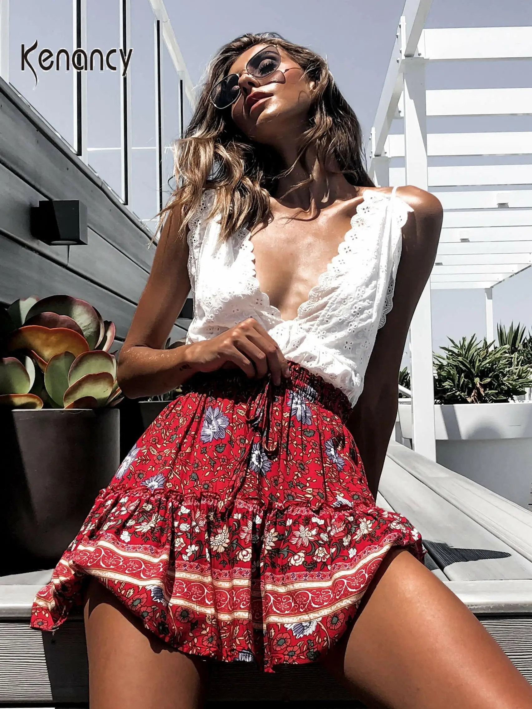 Kenancy Женская юбка с оборками и цветочным принтом цветная короткая красная на