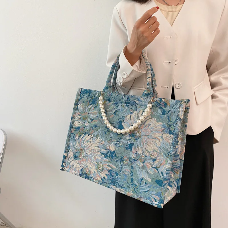 

2021 New Trendy Fashion Floral Texture Tote Bag, Canvas and Pearl Messenger Bag Ladies Large Capacity Purses and Handbags Speedy