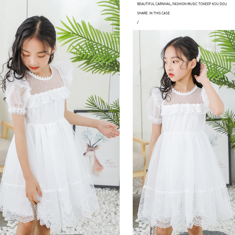 

Girl Princess Lace Gauze White Wedding Dress Short Sleeve Girl Dress 3-10 Years Old Summer Dress For Kids Girl