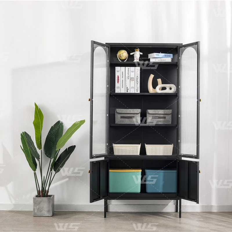 

Black Tall Metal Reeded Door Glass Storage Display Case Cabinet Kitchen Pantry Cupboard