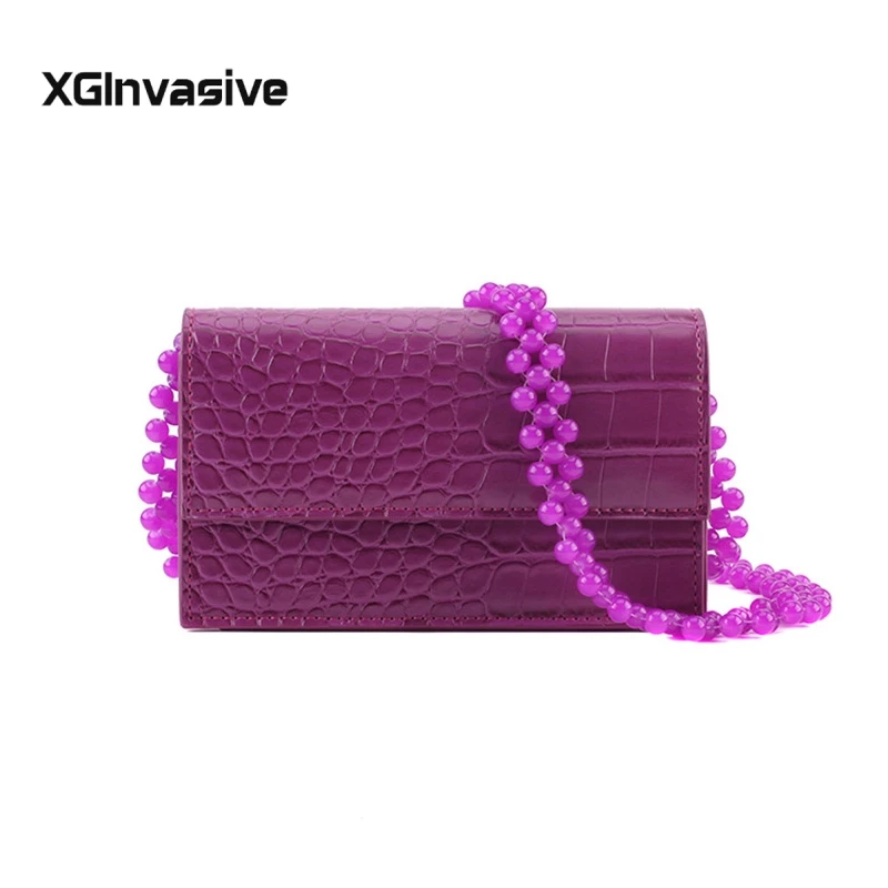 Женская сумка через плечо с цепочкой и бусинами маленькая квадратная