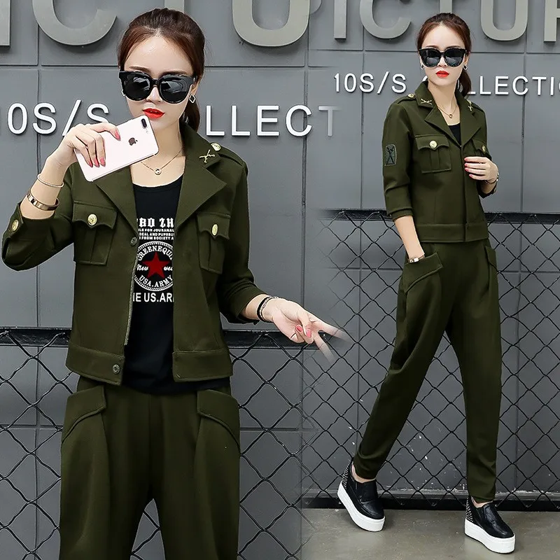 Женский армейский зеленый пиджак с лацканами и брюки султанки комплект из 3