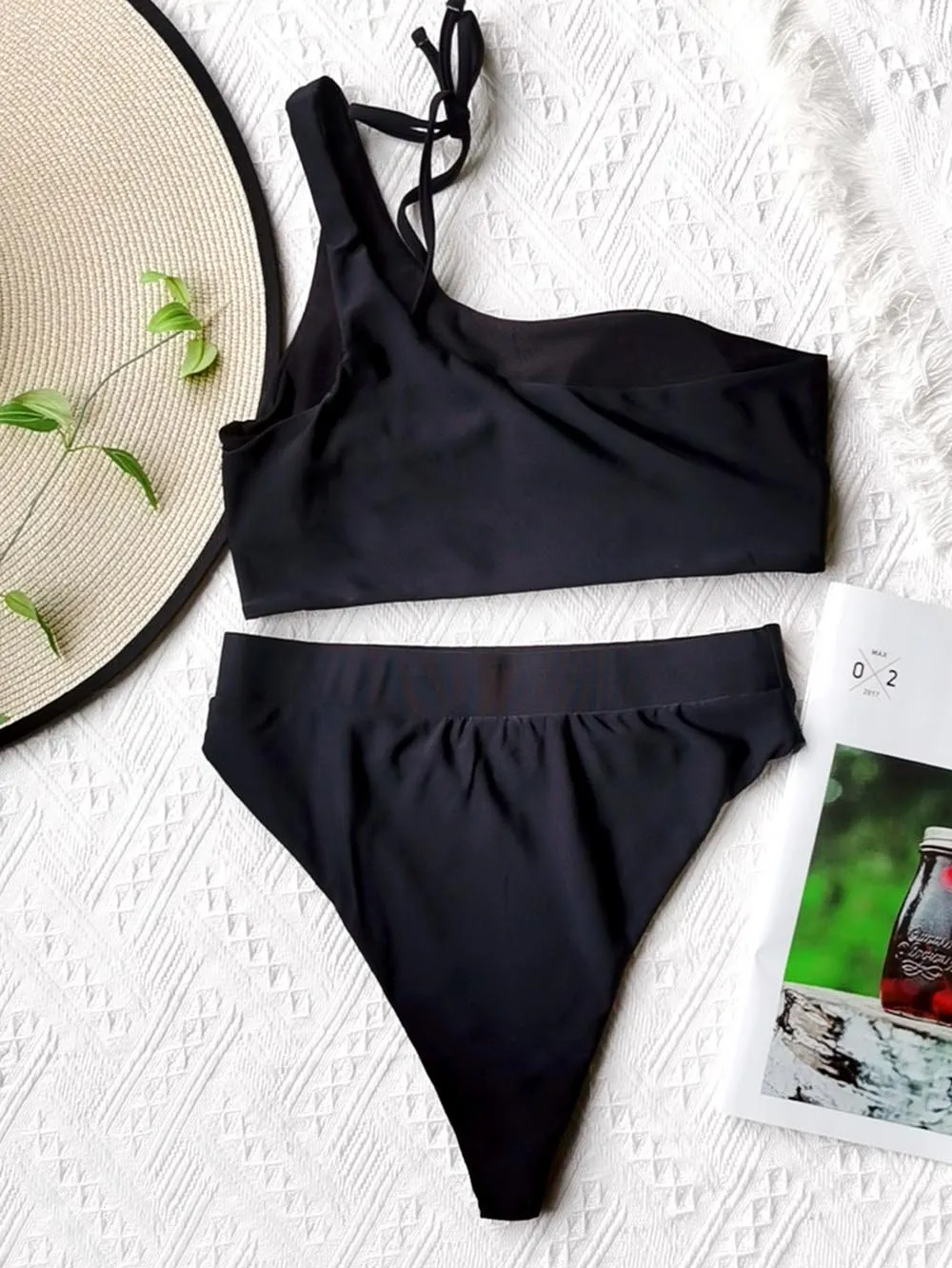 

One Shoulder Bikini Cross Back Swimwear Women Swimsuit 2021 Solid High Waist Summer Bathing Bikini Beach Wear Swimsuit Female