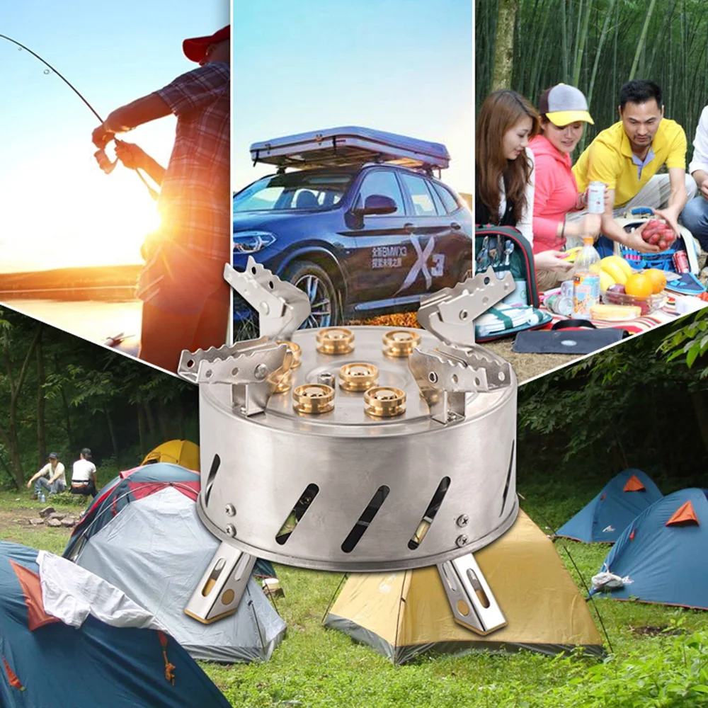 

Camping Stove 12800W Portable 9 Hole Fire And Brimstone Stove Self-Driving Tour Outdoor Stainless Steel 9-Head Stove Gas Burner