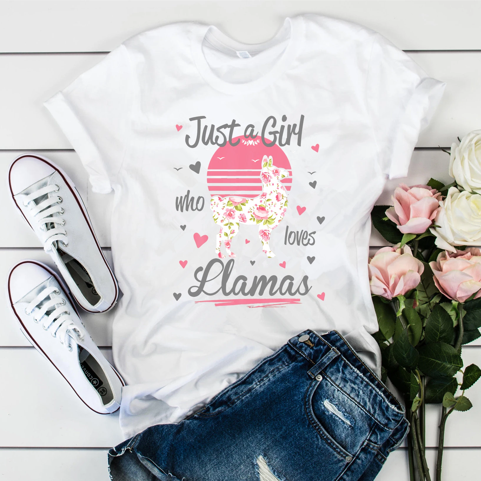 

2020 Just A Girl Who Loves Llamas T-Shirt Cute Llama Shirt Floral Flower Shirts Llama Lover Spirit Animal Tees