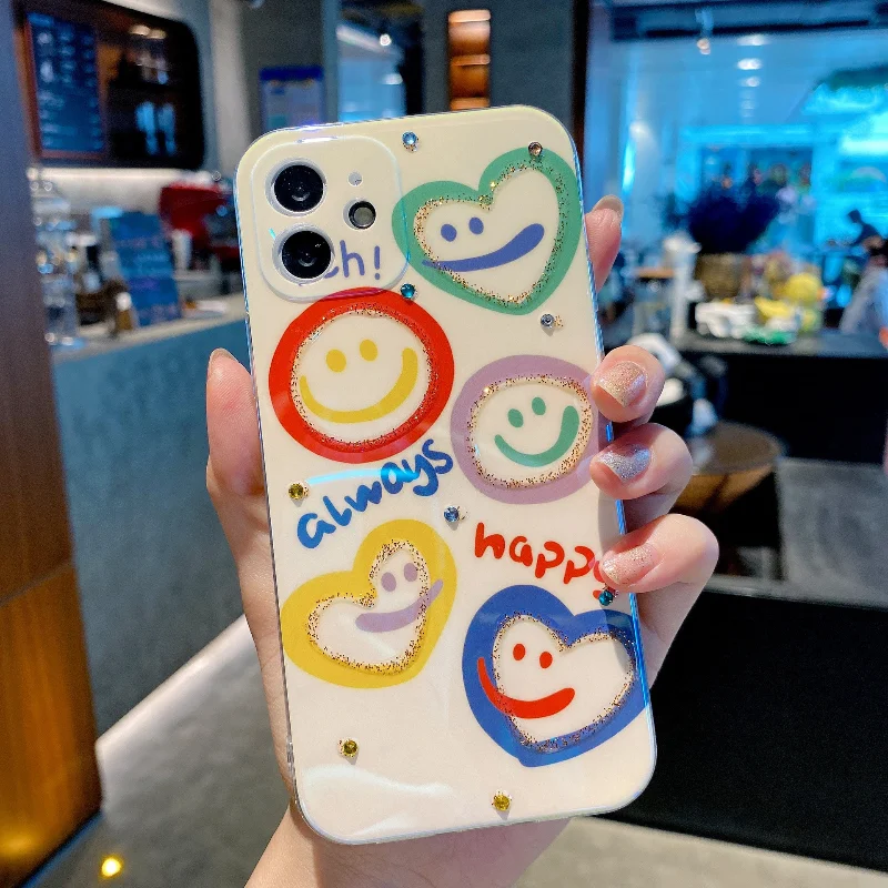 

Flash Diamond Smile Phone Case for IPhone 11 12 Pro Case X XS Max XR Soft Shell 7 8 Plus Cover Lens Package Back Coque