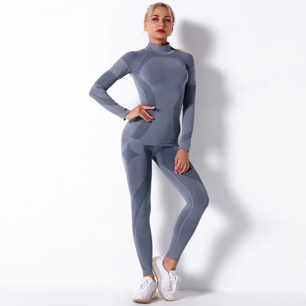 

2PCS Seamless Women Yoga Set Workout Sportswear Gym Clothing Fitness Long Sleeve Shirts Crop Top High Waist Leggings Outfits