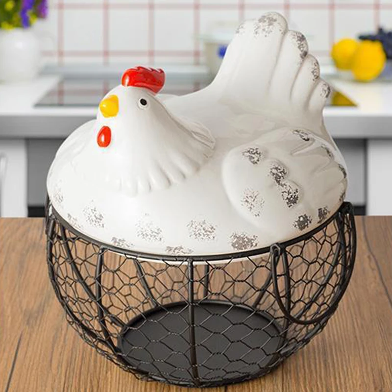 

Metal Wire Basket with Ceramic Hens Cover Fruit Basket Egg Holder Decorative Kitchen Storage Baskets for Household Items DRSA889