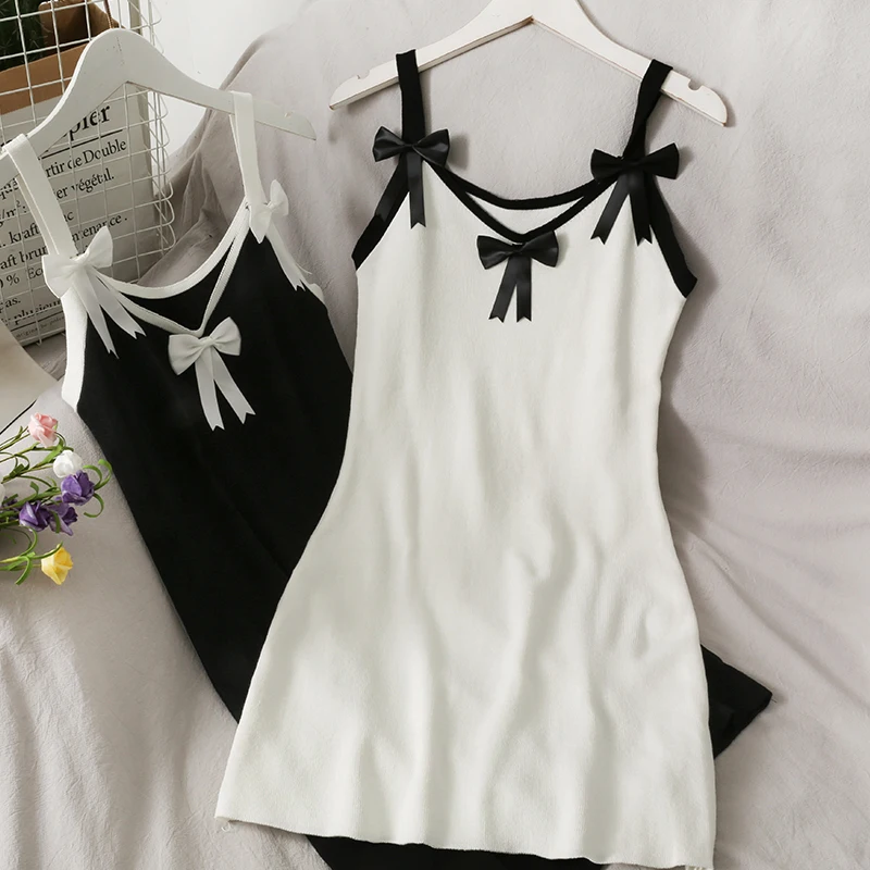 

spring and summer stitching bow Sexy Dress Women Knitted Dresses Woman Party Night Elegant 2021 New small fresh bag hip dress