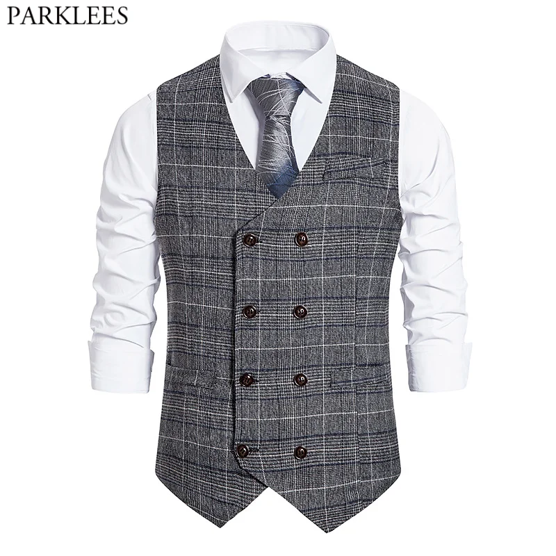 

Parklees 2021 Retro Double Breasted Plaid Suit Vest Slim Fit V Neck Sleeveless Waistcoat Formal Business Wedding Chaleco Hombre