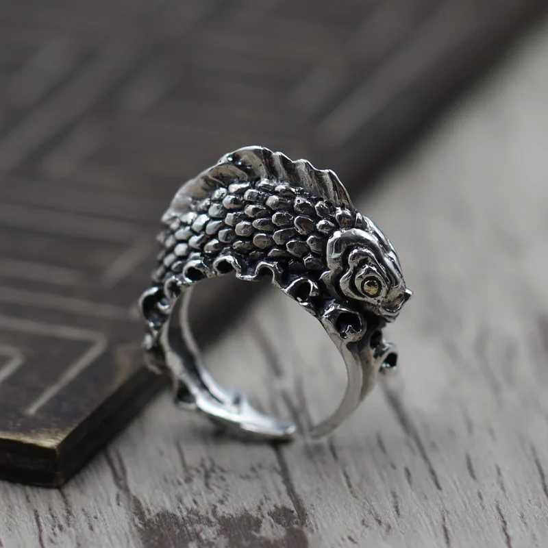 

Sterling Silver Jewelry Thai Silver 925 Personalized Carved three-dimensional Fish Open Ring
