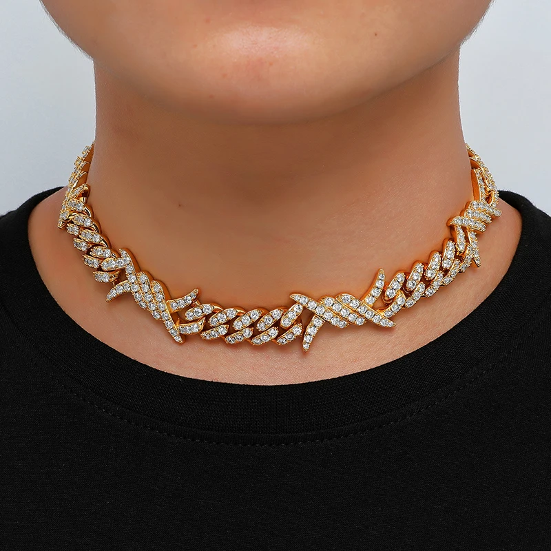 

19mm Thorns Spur Rock Choker Necklace Iced Out Bling CZ Cubic Zirconia Gold Silver Plated Necklace For Men/Women Hip Hop Jewelry