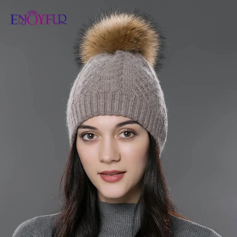 ENJOYFUR, зимняя меховая шапка с помпоном для женщин, кашемировая шерстяная хлопковая шапка, большая шапка с натуральным енотом, шапка с меховым помпоном, шапка с помпоном из лисьего меха