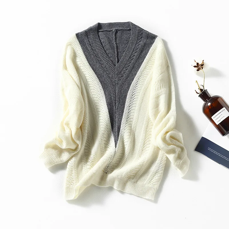 

European and American women's clothing winter 2022 new Long sleeves cut-out V-neck Contrast color Fashion knitted wool sweaters