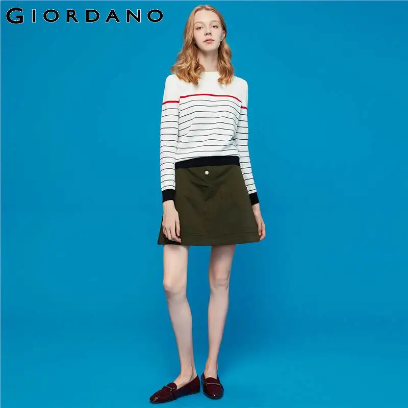 Giordano Women Sweater Knitwear Crewneck Combed Cotton Stripe Long-Sleeve 100% Soft Thin 91359870 | Женская одежда