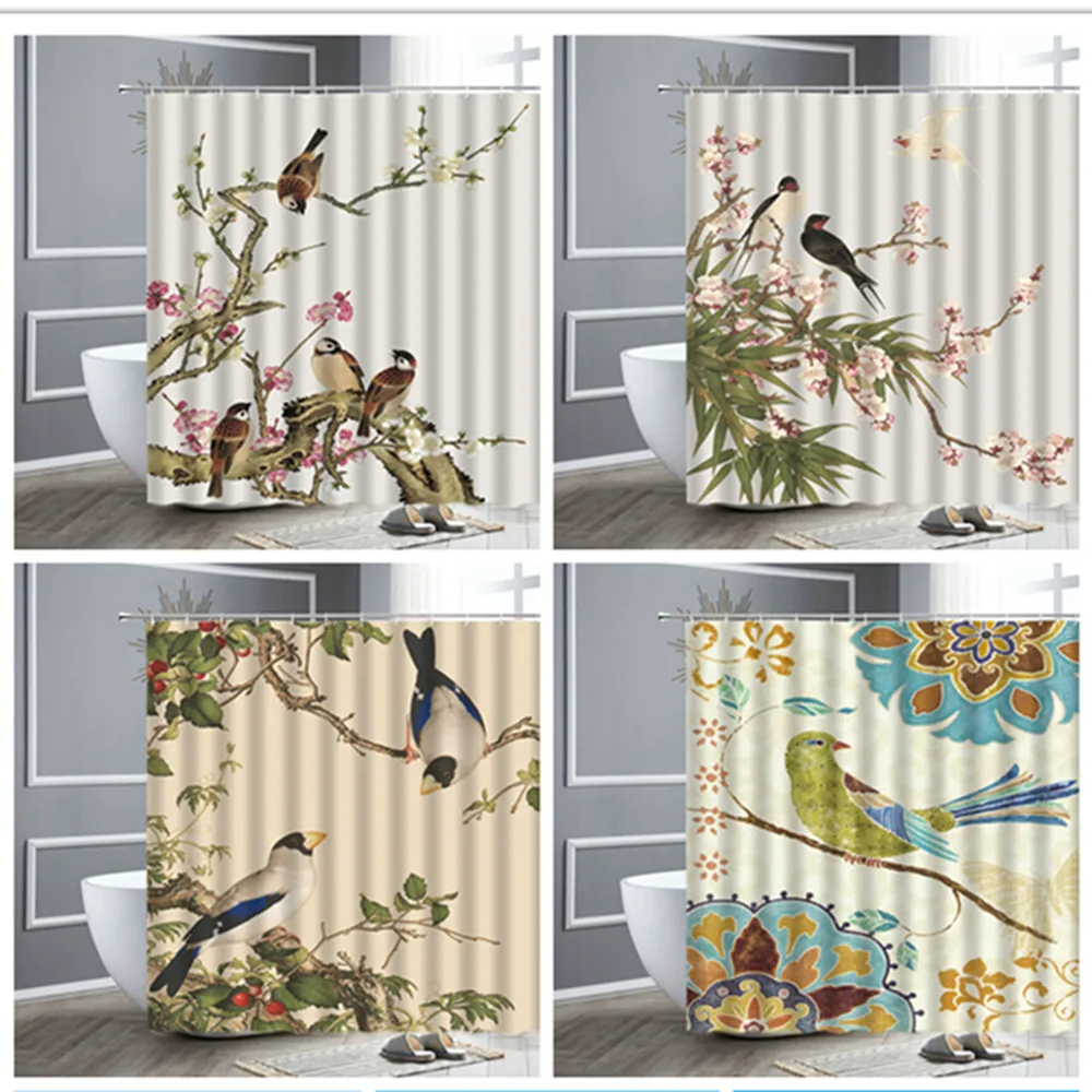 

Cartoon Animal Shower Curtain Birds Parrot Flowers Landscape Bathroom Curtains Waterproof Bath Screen Bathtub Accessories