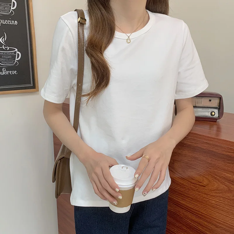 

8 Color Solid Short-sleeved Cotton Tshirt Women's 2021 New Korean Slim O-Neck Short Summer White Black Top