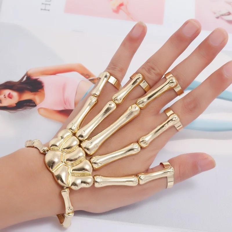 

Punk Skull Alloy Hand Bone Five Finger Ring Bracelet Adjustable Connecting Pulseras Accessories for Women 2021 Summer Jewelry