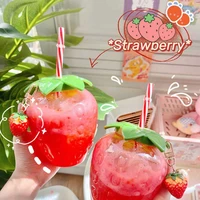 wg ins strawberry straw cup with pendant plastic cup cute female hand held milk tea cup student portable water cup water bottle