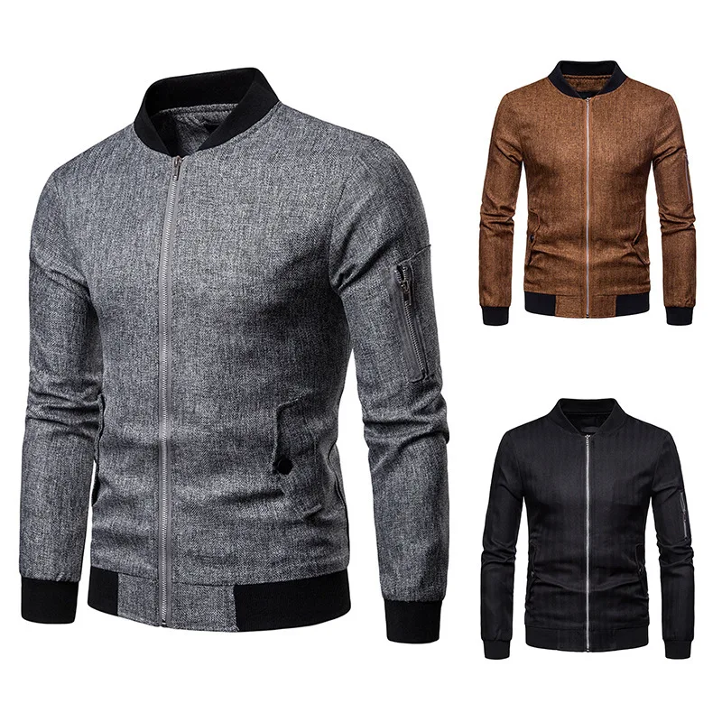 

Men's Jacket Long Sleeve Stand Collar Solid Color Linen Cardigan Jacket Coat with Zipper Casual Slim Type Tops