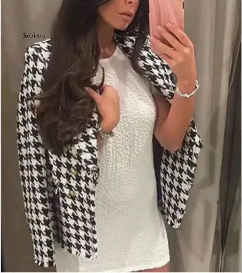 

Wool Coat Female 2020 Autumn And Winter Thousand Bird Plaid Woolen Coat Women Thicken Warm Wool Jacket Lady Loose Wool Overcoat