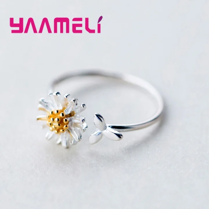 Open-ended Adjustable Female Ring Plant Chrysanthemum Pattern 925 Sterling Silver Jewelry Party Accessories