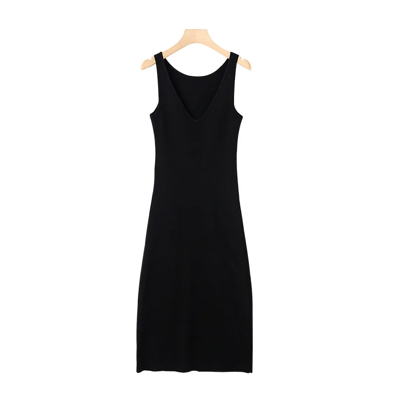 

Oloey Early Autumn New French Careful Machine Deep V Open Back Black Slim Waist Slimming Dress Early Ladies Knitted Skirt