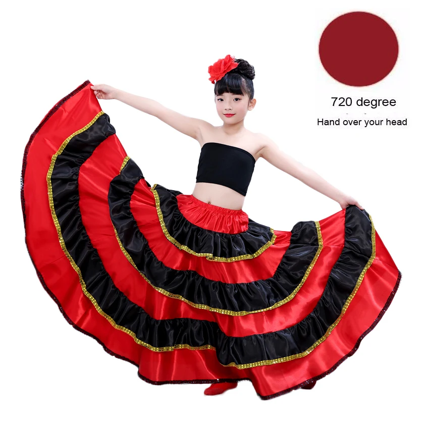 Color5 720degree Цыганский стиль принцесса девушки танец живота костюмы испанская традиционная юбка в стиле фламенко атласная гладкая плюс размер Пышная юбка платье - Цвет: Color5 720degree