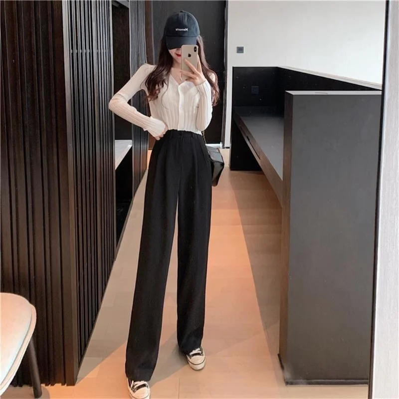 

Женские брюки с широкими штанинами, черные и серые брюки с высокой талией, повседневные Прямые Штаны, весна-осень 2021