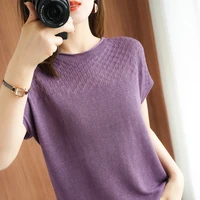 hollow out lace ice silk knitted women summer t shirts casual loose 2021 o neck cool short sleeve pullovers elastic soft jumpers