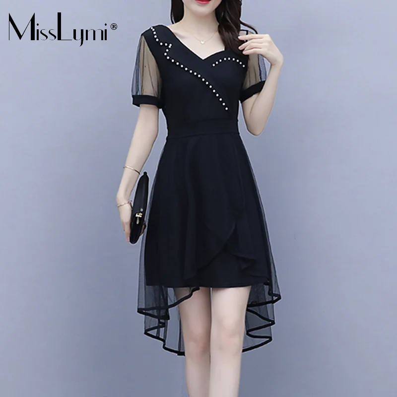 

MissLymi L-5Xl Plus Size Beading Backless Dress Women Summer 2021 Fashion Elegant Mesh Patchwork Asymmetrical Black Dresses