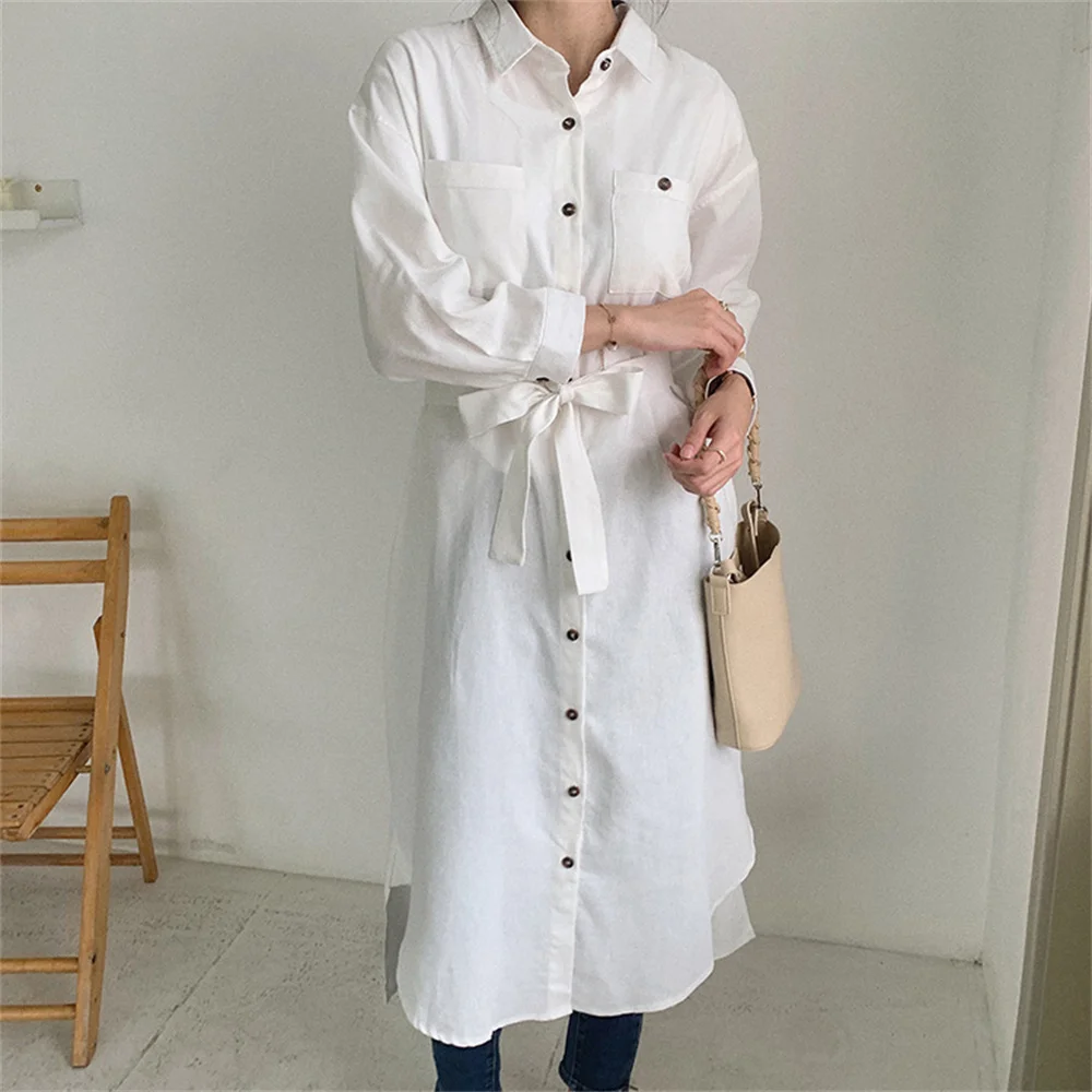 

HziriP Close Waist Cotton Linen Shirt Dress Prom Plus Size Slim Straight 2021 Elegant Solid Women All Match Robe Mujer Vestidos