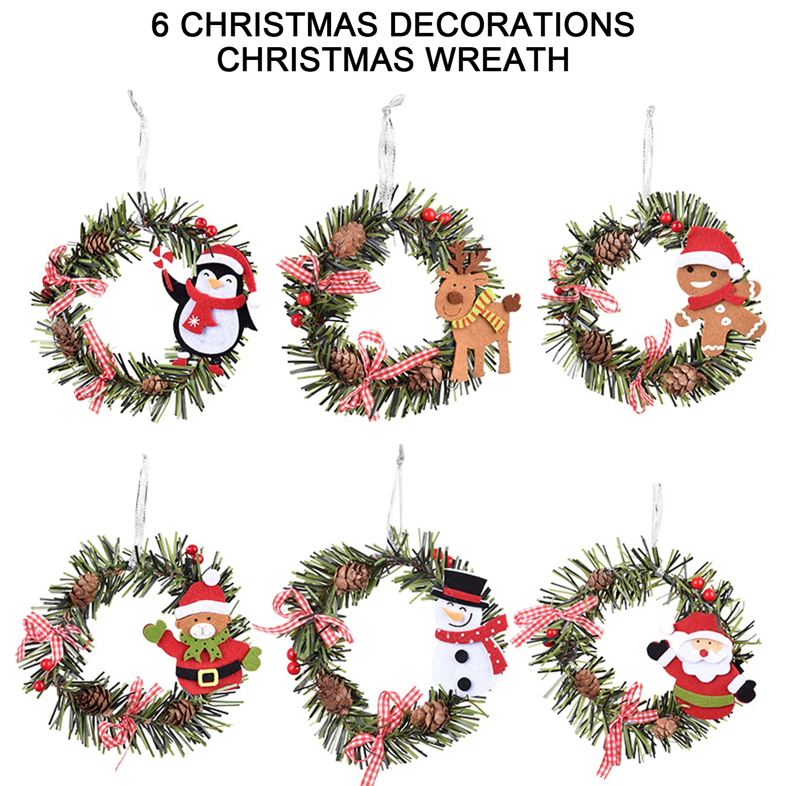 

6 Christmas Wreath New Year Decorations Pendant Santa Claus Elk Round PVC Ornaments Christmas Tree Pine Cone Pendant