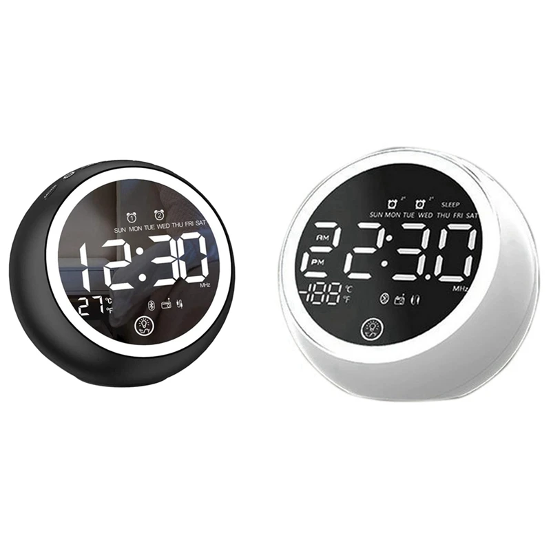 

2set Digital Alarm Clock Radio Dual USB Port with Bluetooth Speaker Snooze Portable Night Light Black & White UK Plug