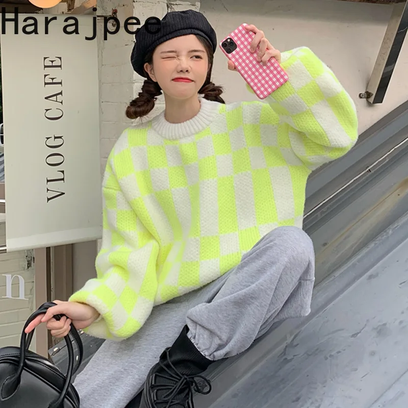 

Harajpee Yellow Plaid Sweater Spring and Autumn 2021 New Design Round Neck Pullover Lazy Style Sweaters Women's Wear Fashion