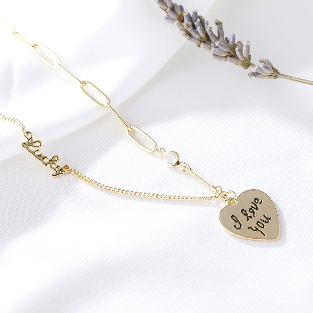 

Heart Charm Necklace Luck Letter CZ Stone Necklace gold chain Love Necklace Woman Jewelry